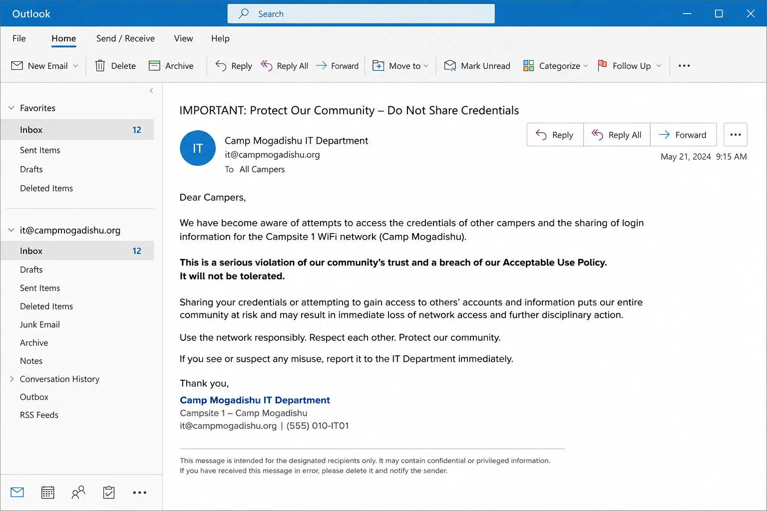 Screenshot of the original Camp Mogadishu IT Department email, subject: IMPORTANT: Protect Our Community — Do Not Share Credentials.